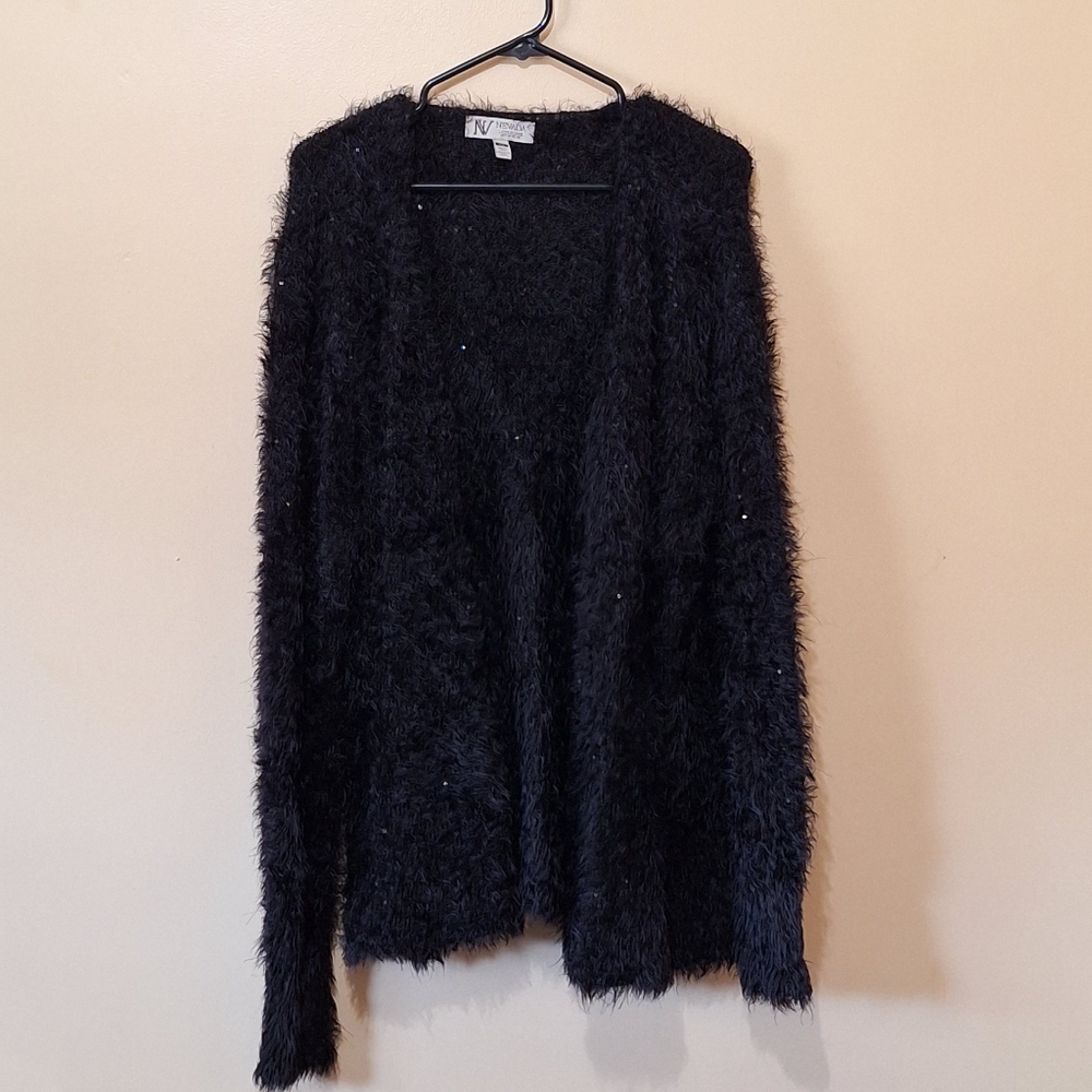 Vintage Nevada Fuzzy Black Open Cardigan With Sequins